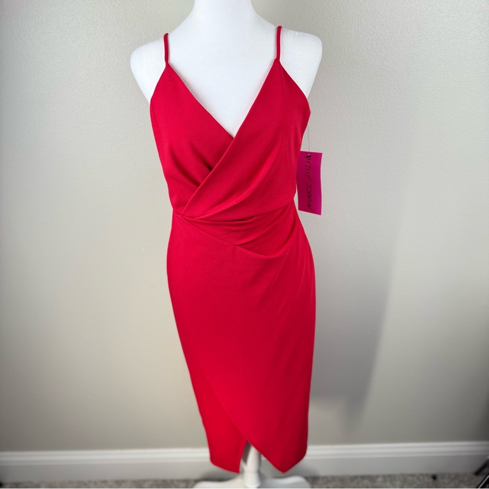 Betsey Johnson Faux Wrap Midi‎ Fire Red Dress Women's Size 2